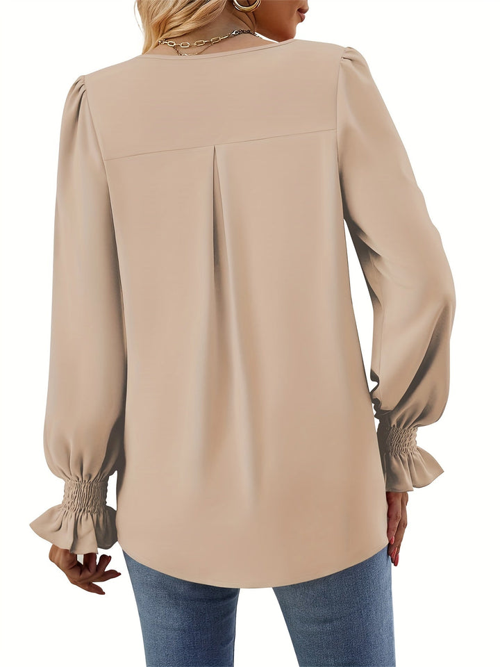 Women's V-Neck Blouse Long Sleeve Smocked Cuff Top