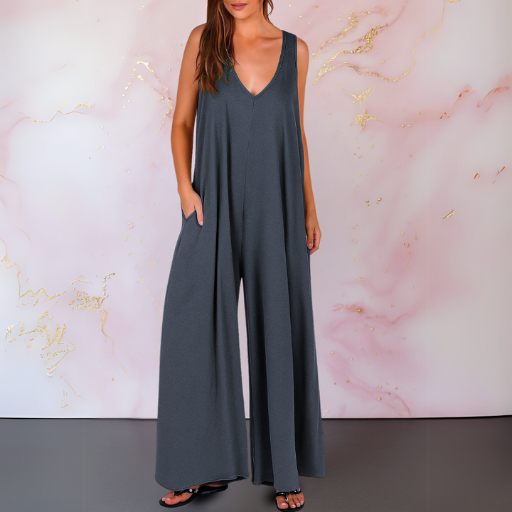 Women's V-Neck Sleeveless Wide Leg Jumpsuit with Pockets