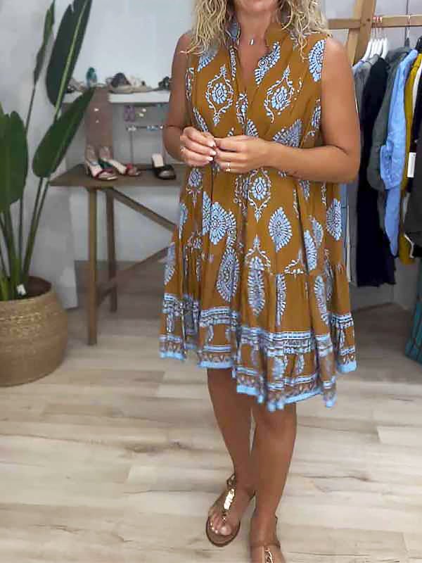 Women's  Halter Neck Swing Dress Boho Print Sleeveless Summer Mini