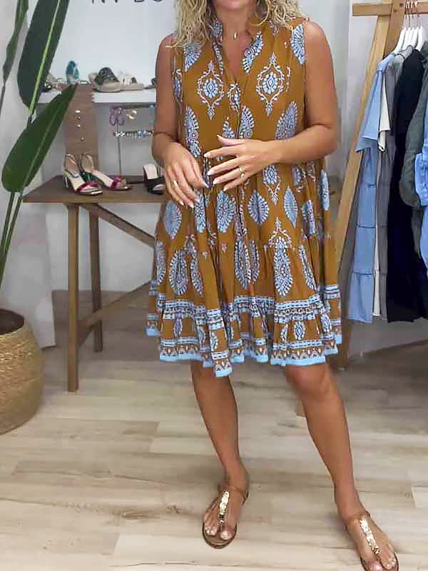 Women's  Halter Neck Swing Dress Boho Print Sleeveless Summer Mini