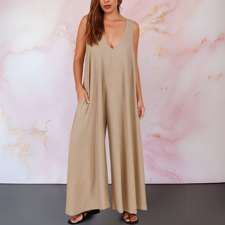 Women's V-Neck Sleeveless Wide Leg Jumpsuit with Pockets