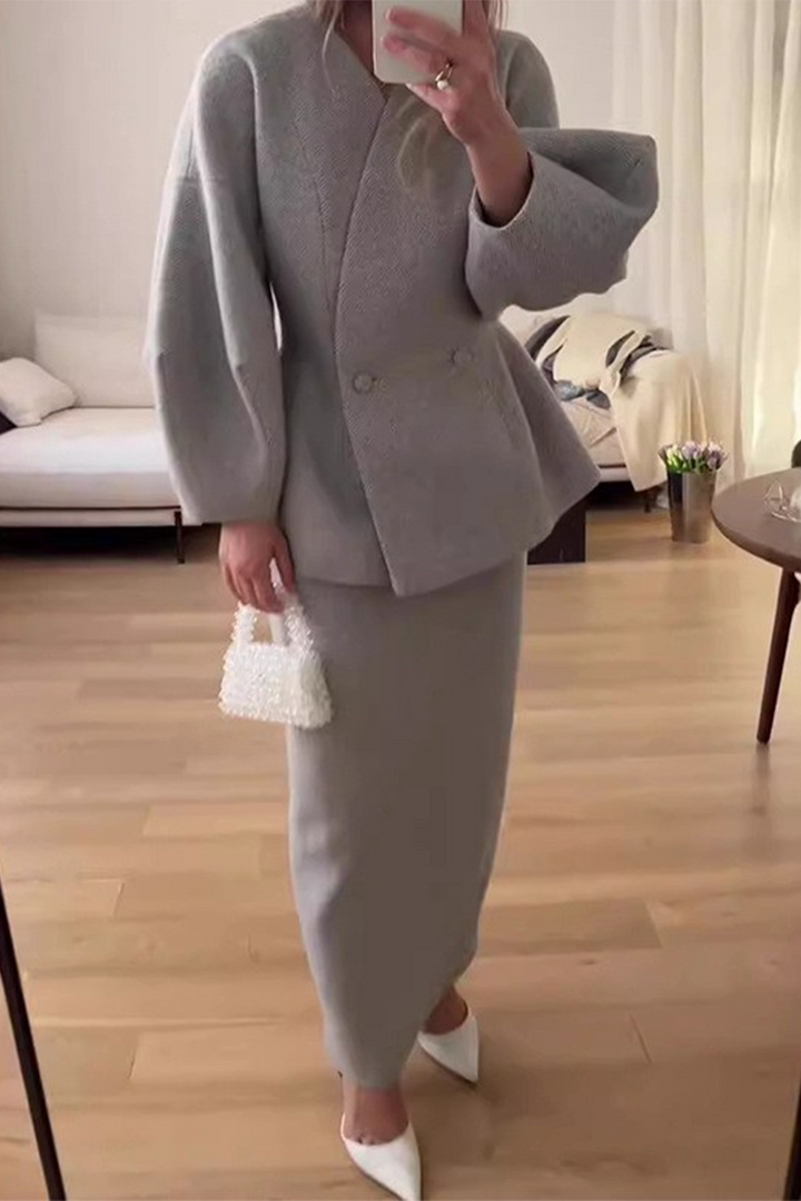 Women’s Elegant Buttons V-Neck Long Sleeve Two-Piece Set