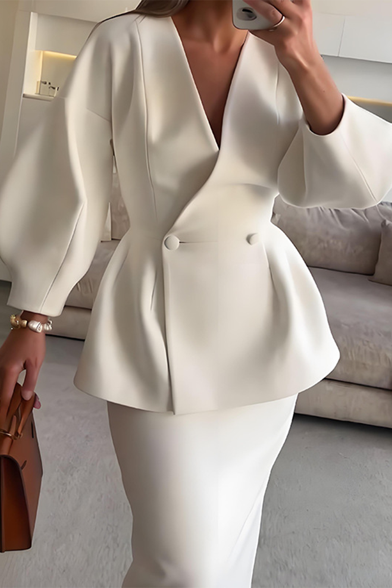 Women’s Elegant Buttons V-Neck Long Sleeve Two-Piece Set