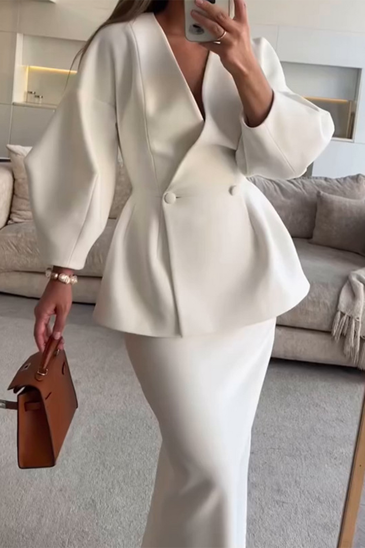 Women’s Elegant Buttons V-Neck Long Sleeve Two-Piece Set