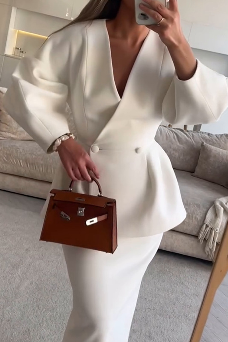 Women’s Elegant Buttons V-Neck Long Sleeve Two-Piece Set