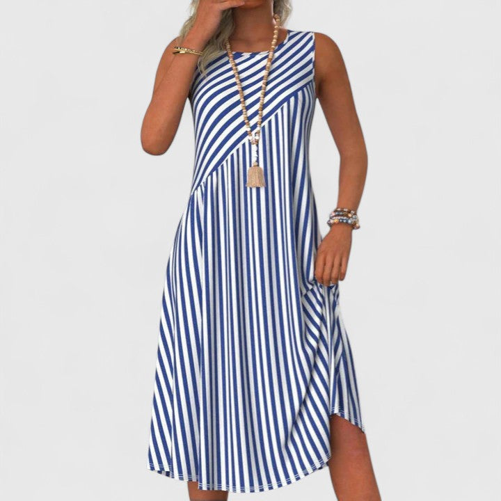 Women's Sleeveless Stripe Midi Dress Round Neck