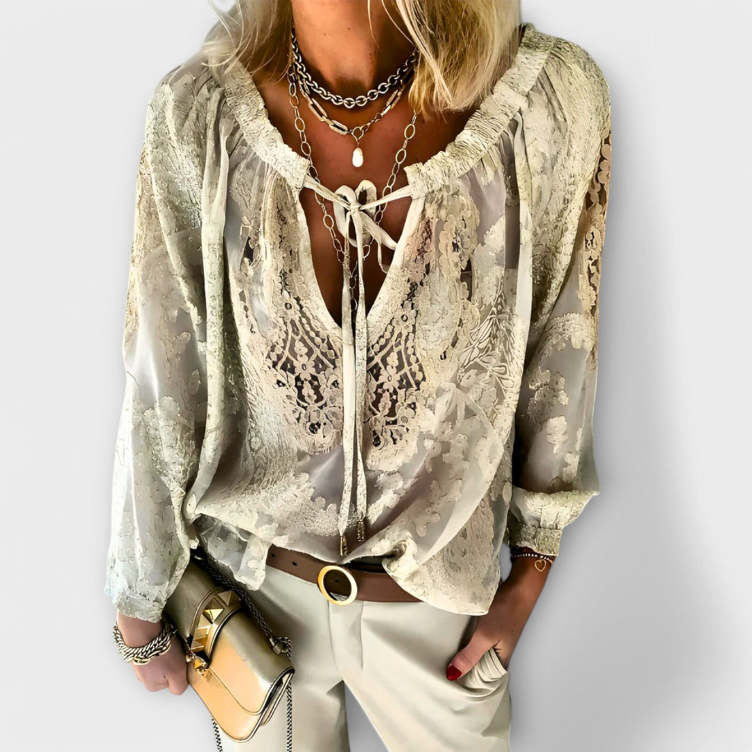 Women's Lace Overlay Blouse V-Neck Tie Front