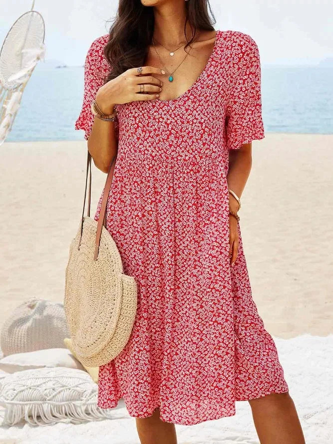 Women's Floral Midi Dress Short Sleeve V-Neck Pockets Casual