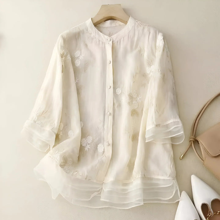 Women's Cotton Top with Embroidered Flowers
