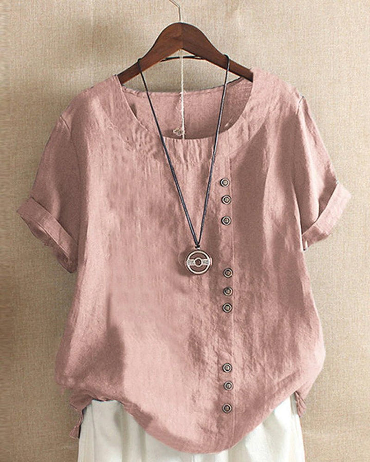 Women's Button Front Crew Neck Short Sleeve Casual Top