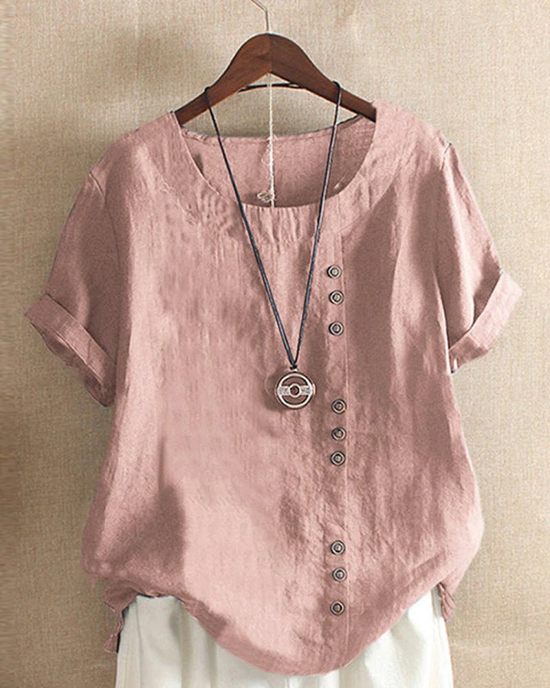 Women's Linen Button Front Short Sleeve Top Relaxed Fit