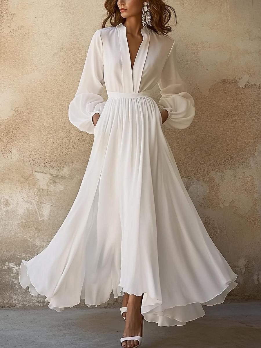 Women's Vintage Plain White V-Neck Maxi Dress