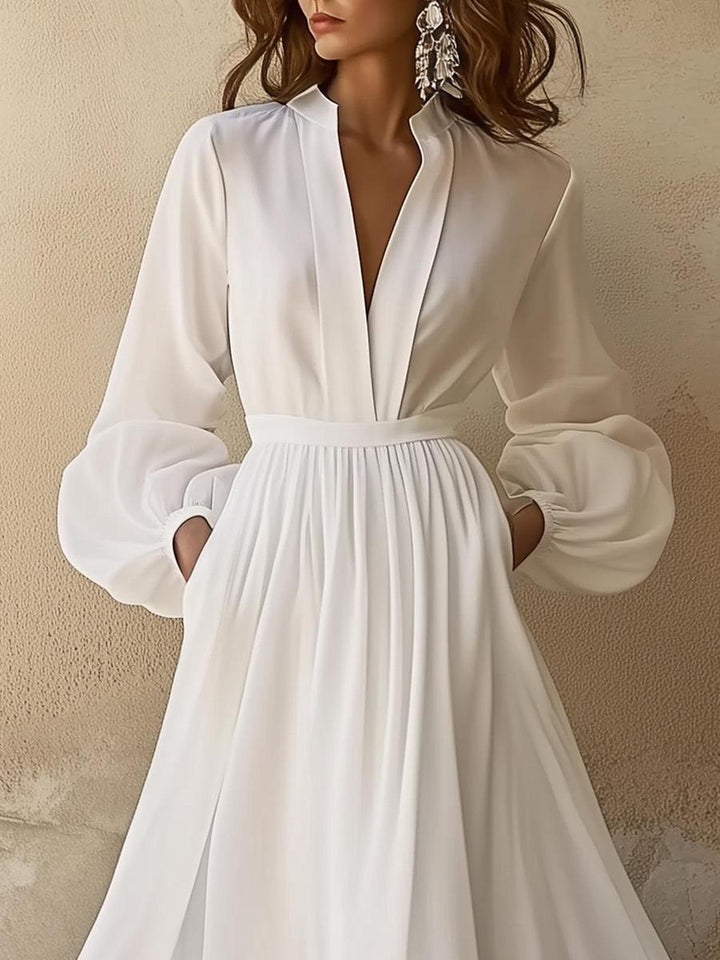 Women's Vintage Plain White V-Neck Maxi Dress