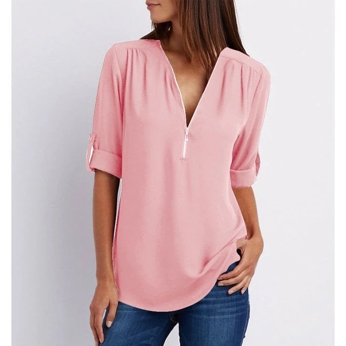 Women's Zip V-Neck 3/4 Sleeve Blouse Casual Top