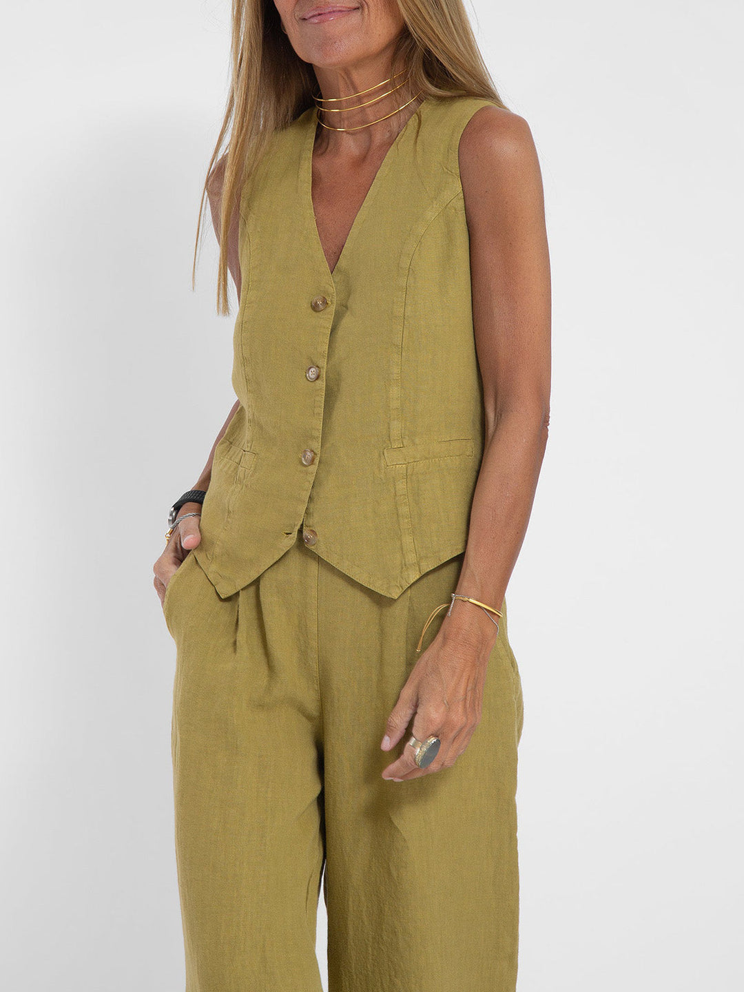 Women's Buttoned Vest & Wide-Leg Trousers Set