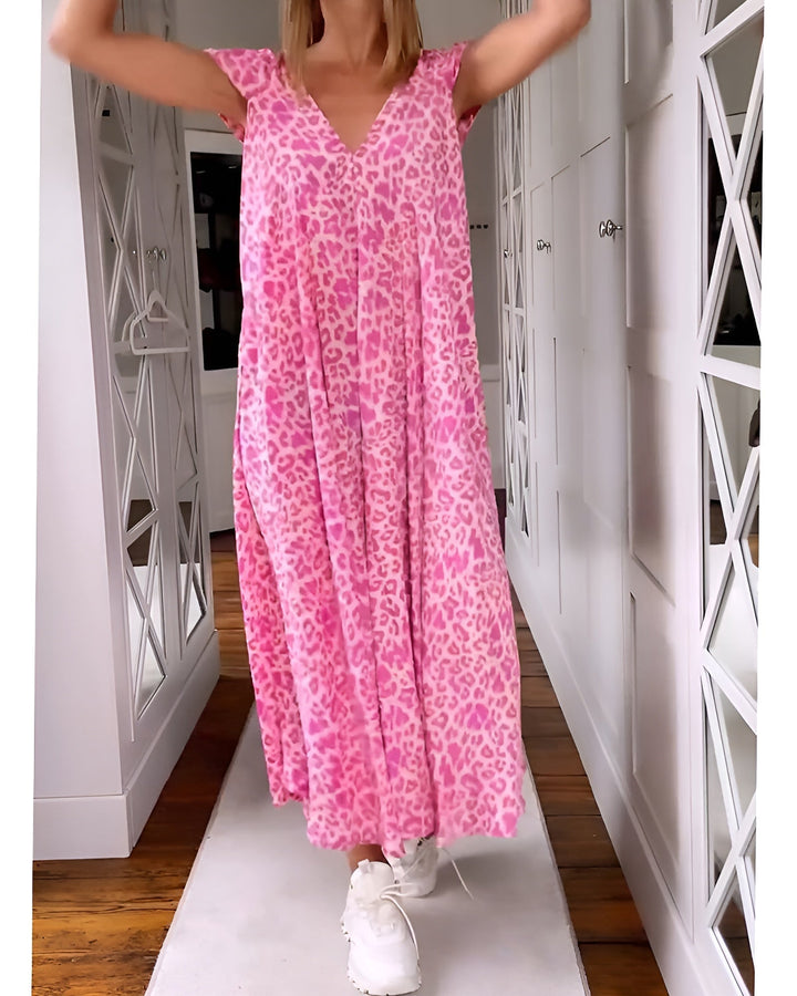 Women's V Neck Loose Fit Short Sleeve Printed Long Dress Cocktail