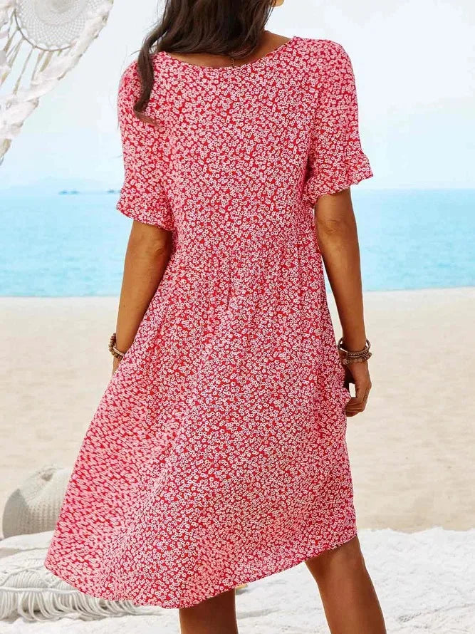 Women's Floral Midi Dress Short Sleeve V-Neck Pockets Casual