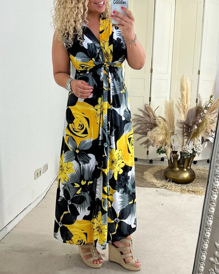 Women's Floral Maxi Dress Sleeveless Tie Front V-Neck