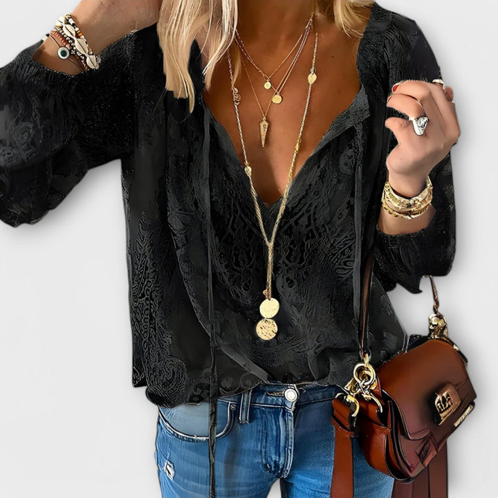 Women's Lace Overlay Blouse V-Neck Tie Front