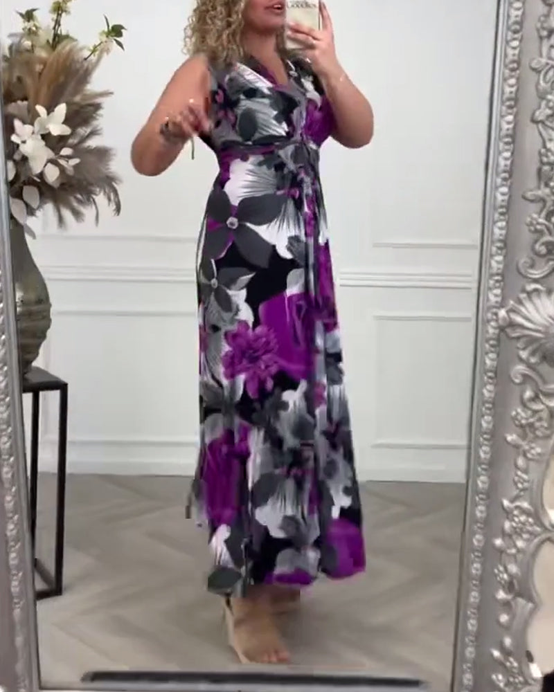 Women's Floral Maxi Dress Sleeveless Tie Front V-Neck