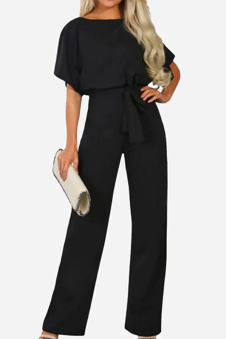 Women's Wide-Leg Belted Jumpsuit with Batwing Sleeves