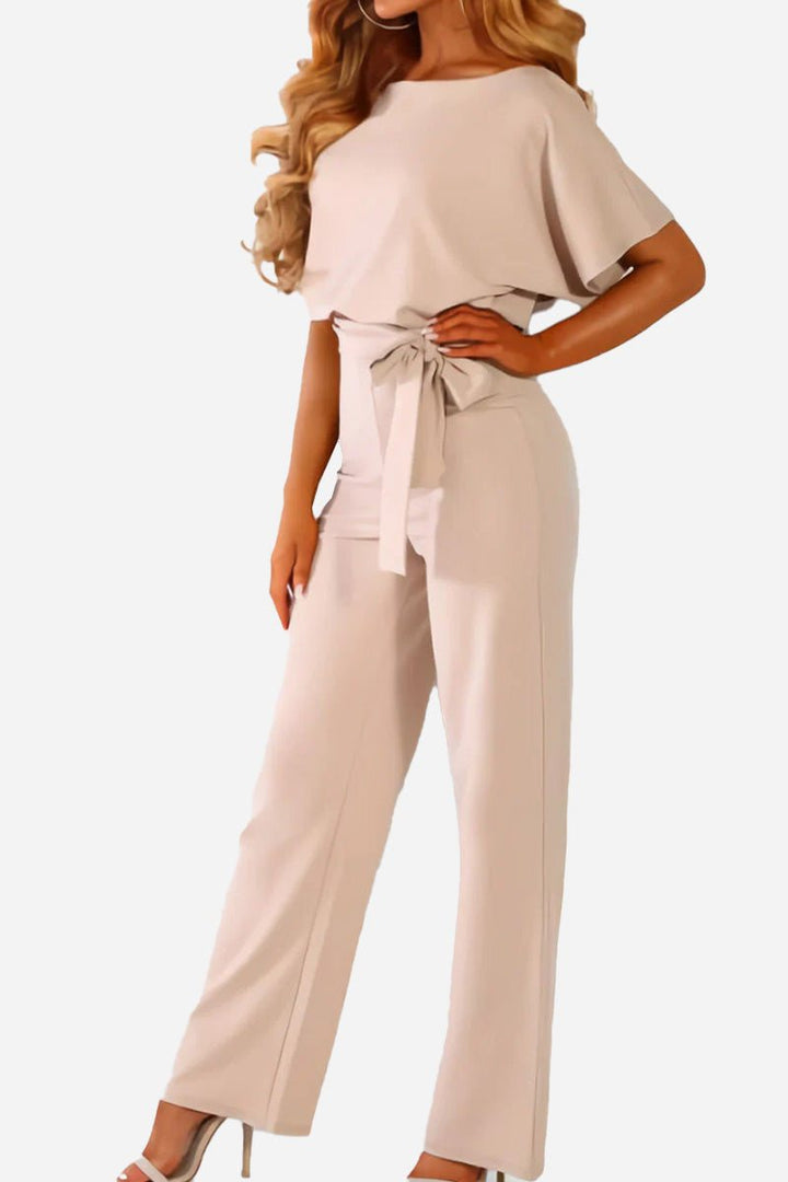 Women's Wide-Leg Belted Jumpsuit with Batwing Sleeves