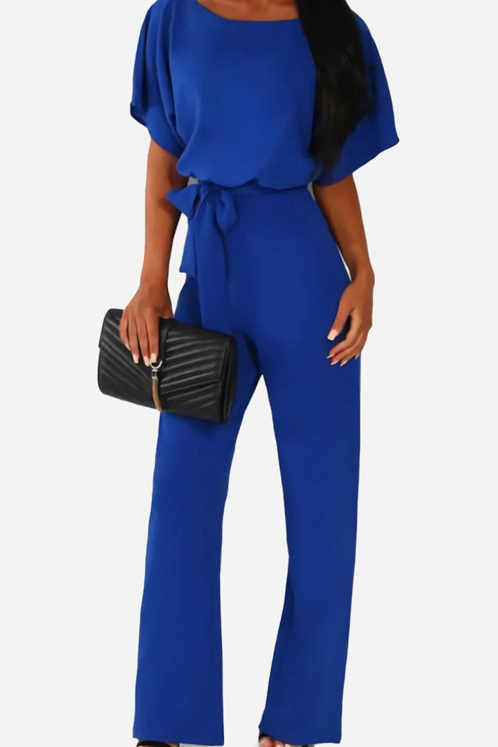 Women's Wide-Leg Belted Jumpsuit with Batwing Sleeves