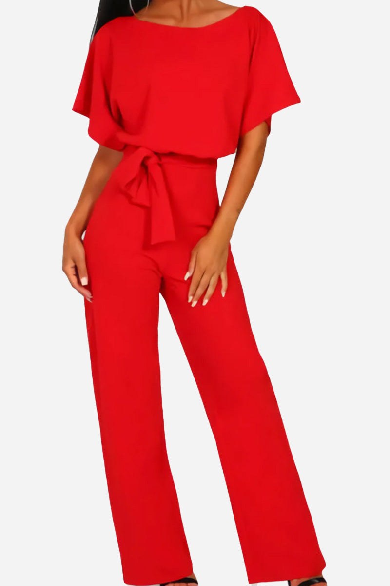 Women's Wide-Leg Belted Jumpsuit with Batwing Sleeves