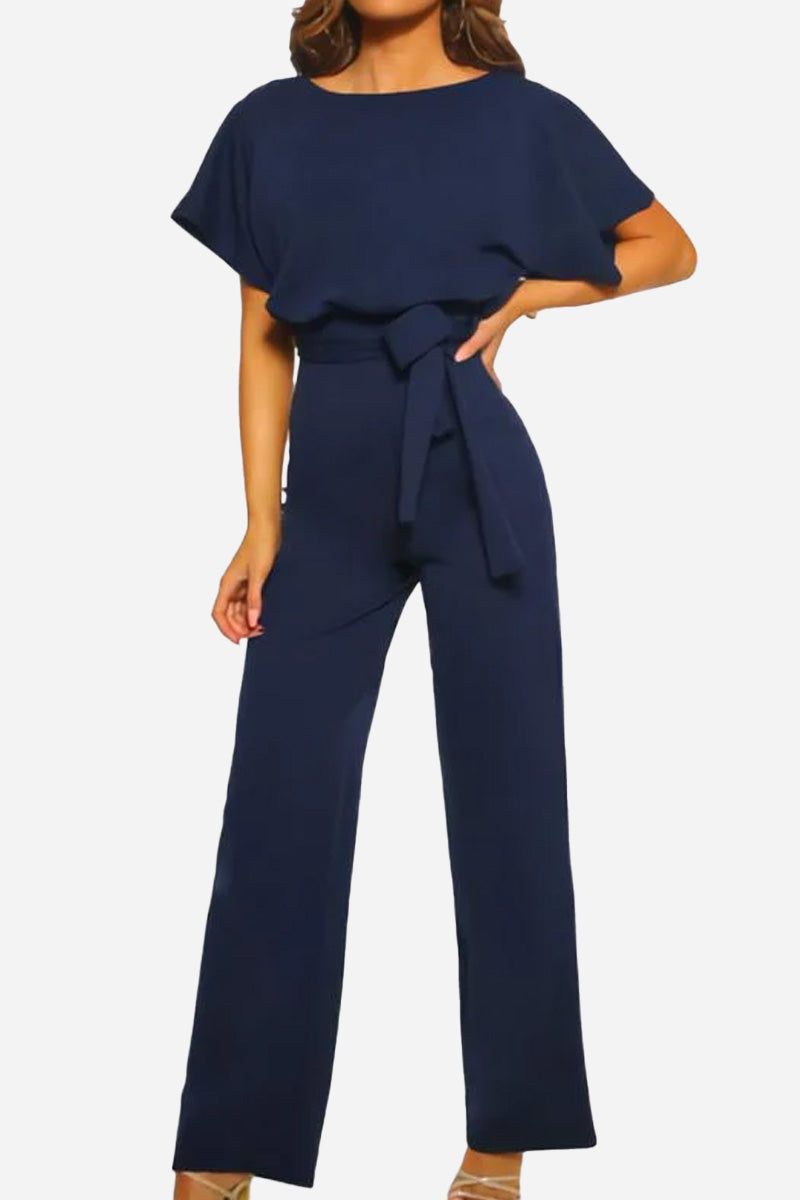 Women's Wide-Leg Belted Jumpsuit with Batwing Sleeves