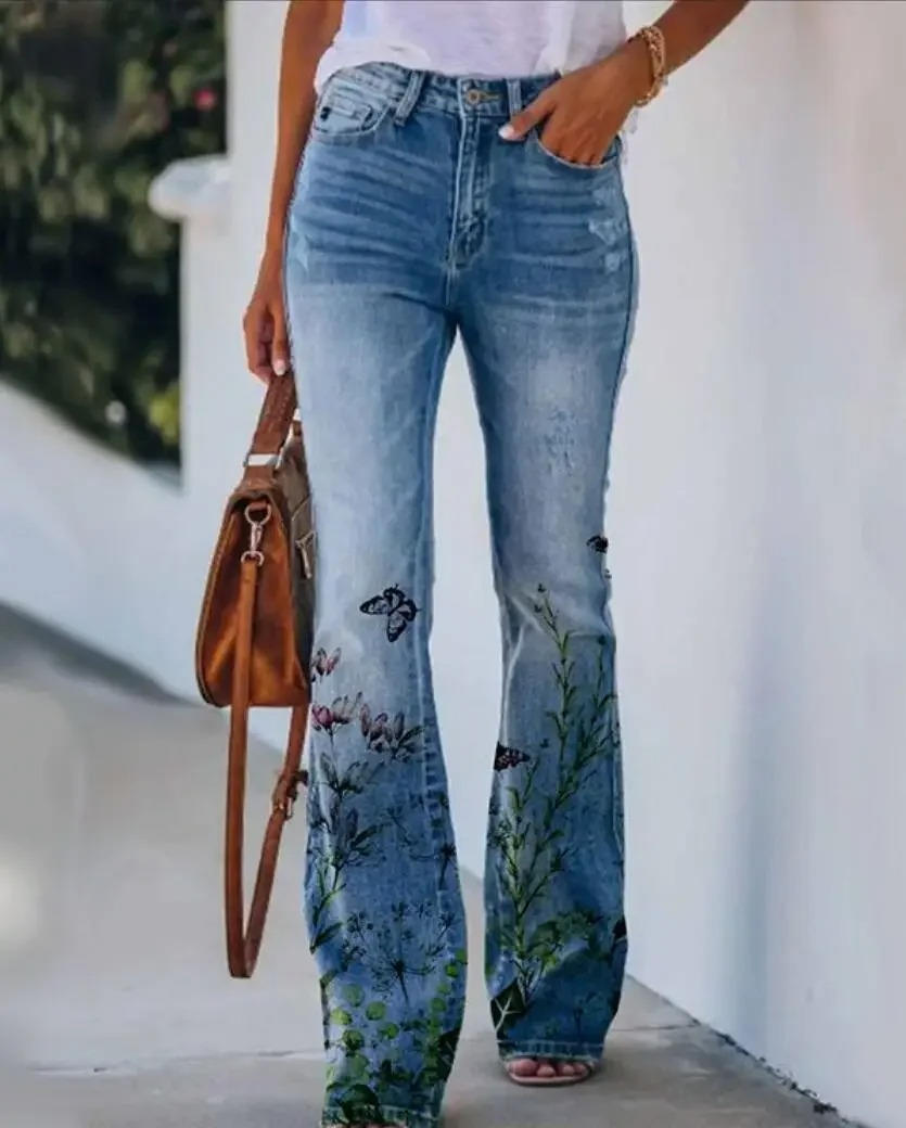 Women's Floral Print High Waist Flare Jeans