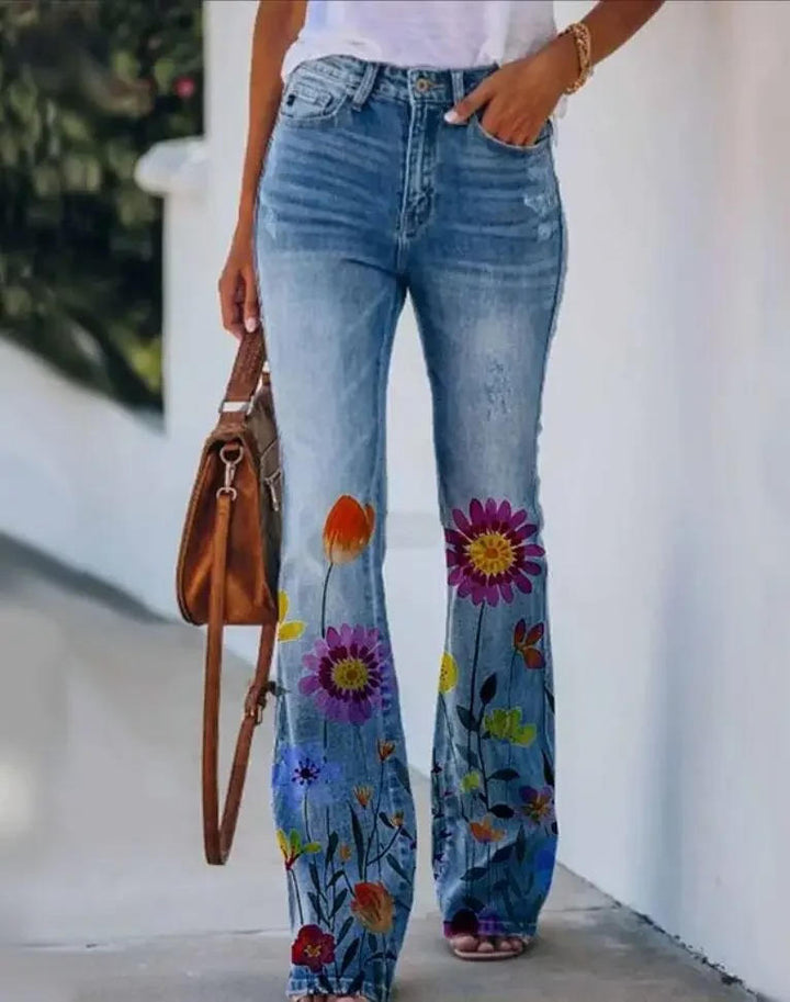 Women's Floral Print High Waist Flare Jeans