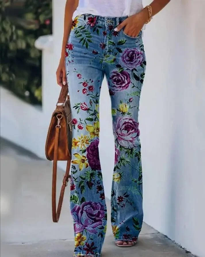 Women's Floral Print High Waist Flare Jeans