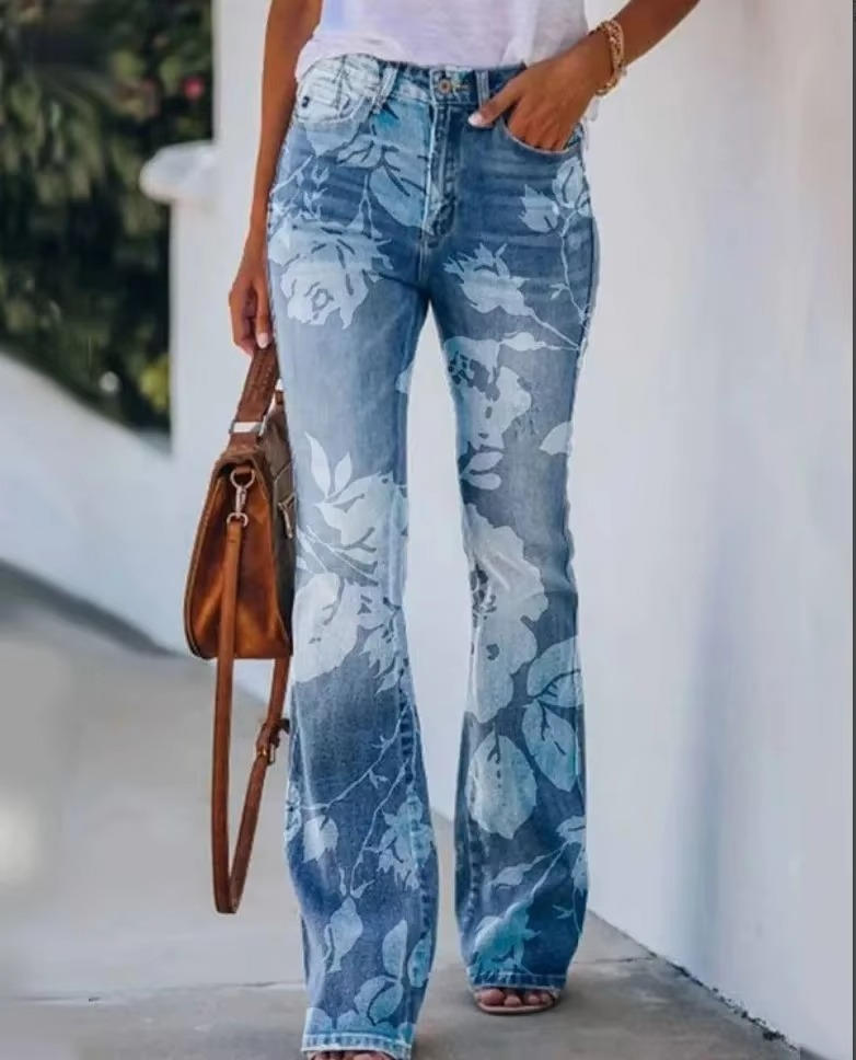 Women's Floral Print High Waist Flare Jeans