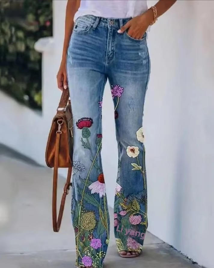 Women's Floral Print High Waist Flare Jeans