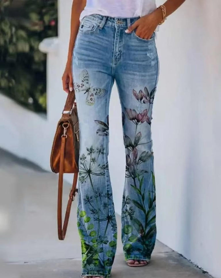 Women's Floral Print High Waist Flare Jeans