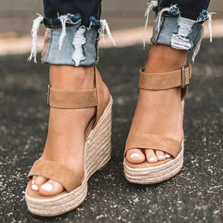 Women's Wedge Sandals - Open Toe - Ankle Strap with Buckle