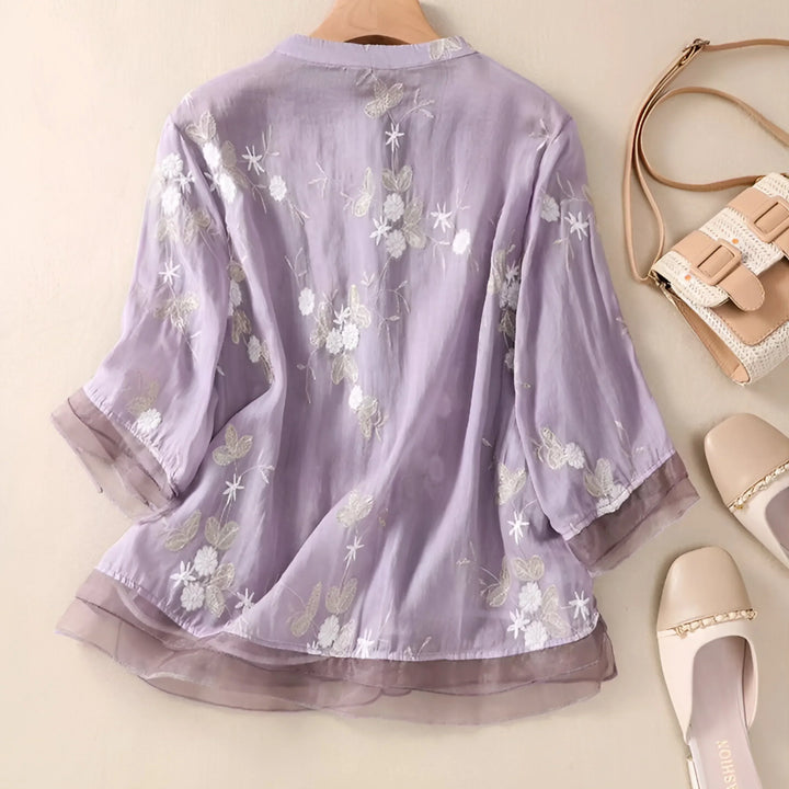 Women's Cotton Top with Embroidered Flowers