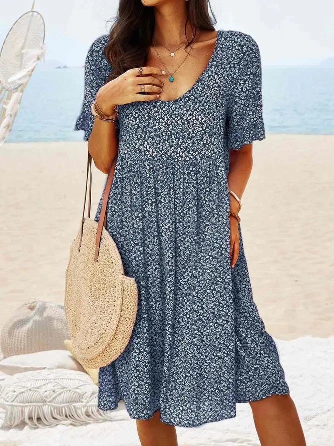 Women's Floral Midi Dress Short Sleeve V-Neck Pockets Casual