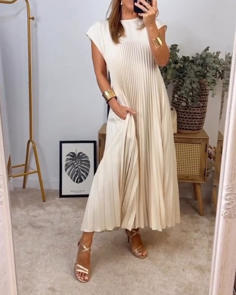 Women's Short Sleeve Pleated Maxi Dress