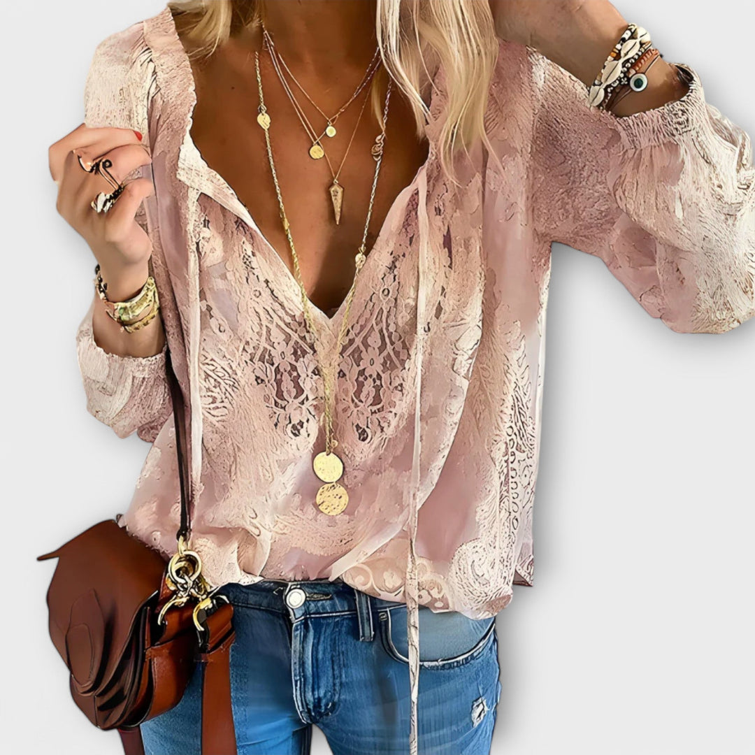 Women's Lace Overlay Blouse V-Neck Tie Front