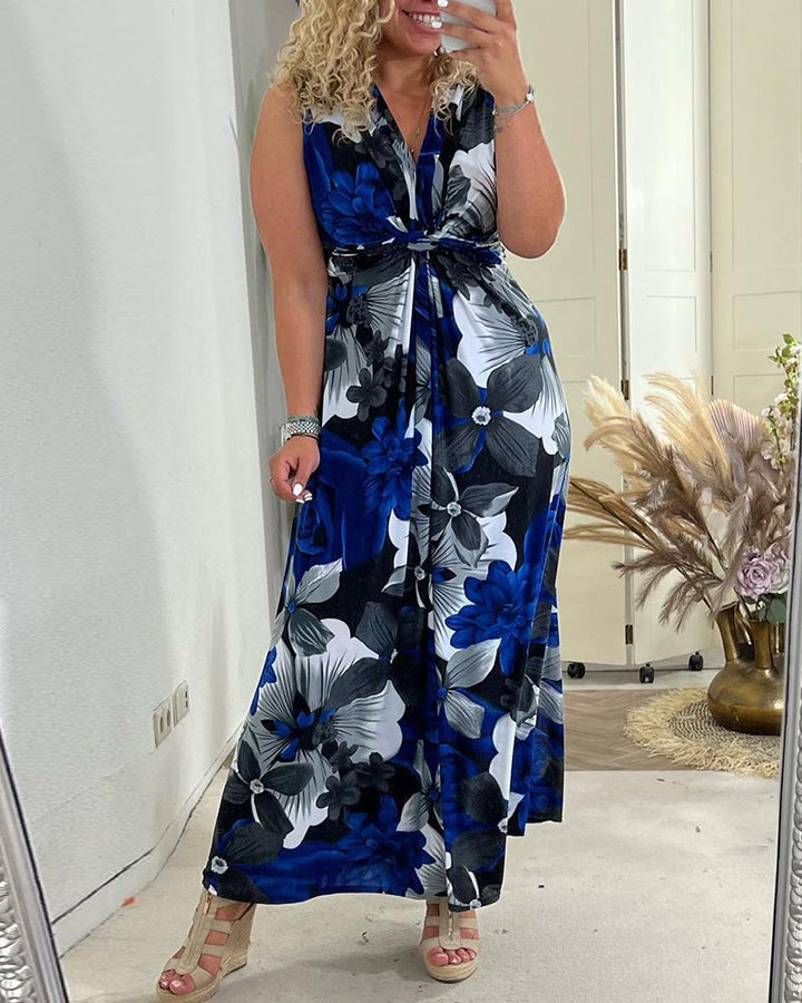 Women's Floral Maxi Dress Sleeveless Tie Front V-Neck