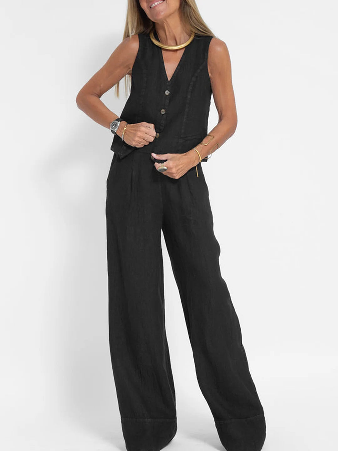 Women's Buttoned Vest & Wide-Leg Trousers Set