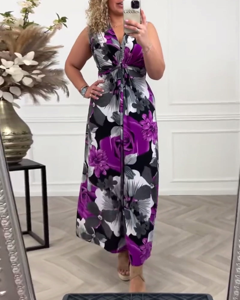 Women's Floral Maxi Dress Sleeveless Tie Front V-Neck