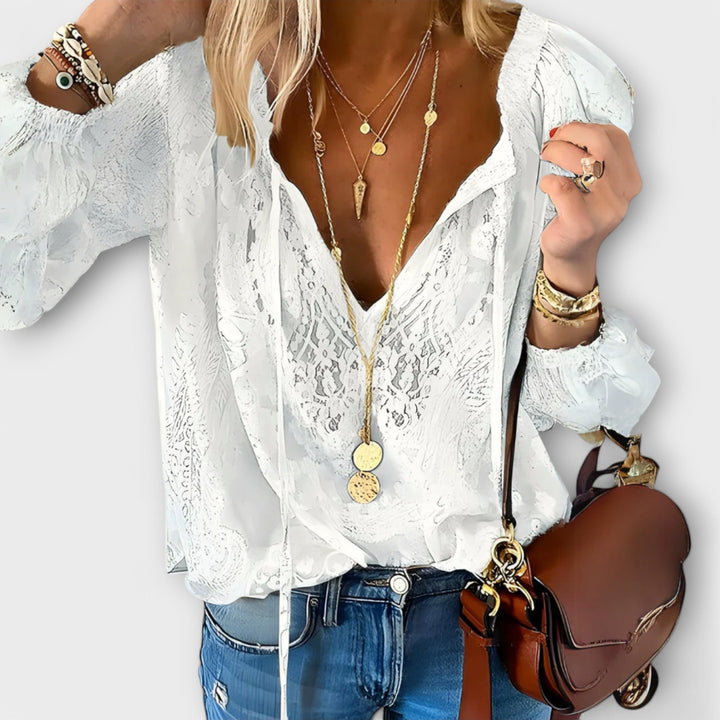 Women's Lace Overlay Blouse V-Neck Tie Front