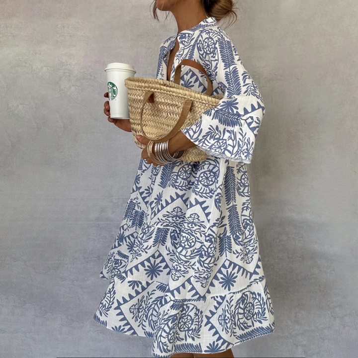Women's  Boho Midi Dress Long Sleeve V-Neck Blue Print Tiered