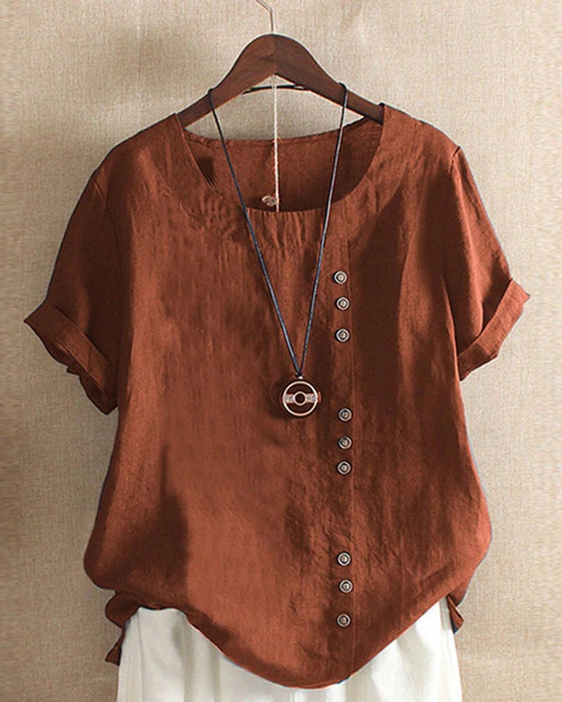 Women's Button Front Crew Neck Short Sleeve Casual Top