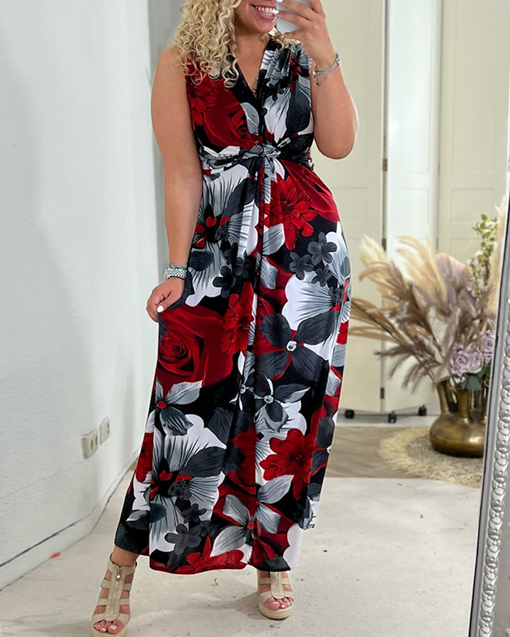 Women's Floral Maxi Dress Sleeveless Tie Front V-Neck