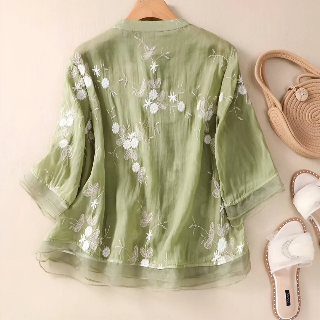 Women's Cotton Top with Embroidered Flowers