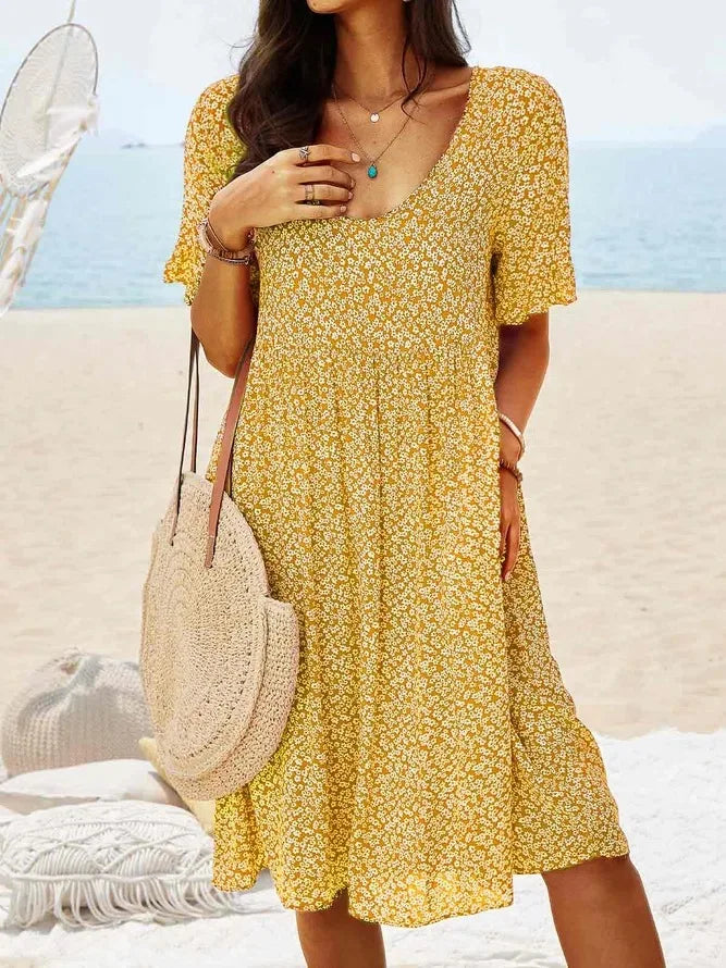 Women's Floral Midi Dress Short Sleeve V-Neck Pockets Casual
