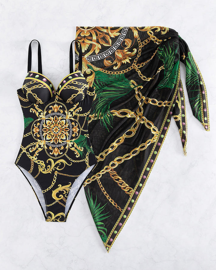 Women's One-Piece Swimsuit with Push-Up Effect and Matching Beach Skirt